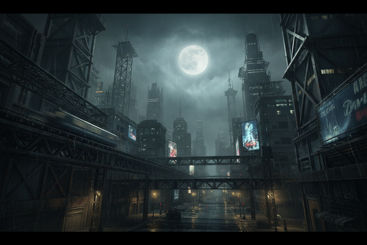 Dark nightlife cityscape with moon and fog