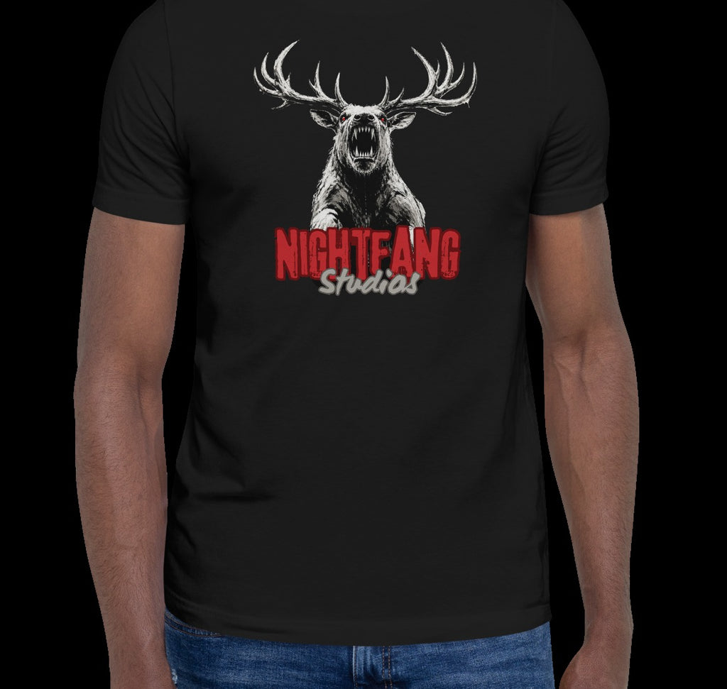 Nightfang Reindeer Unisex Tee, Black, model wearing tee
