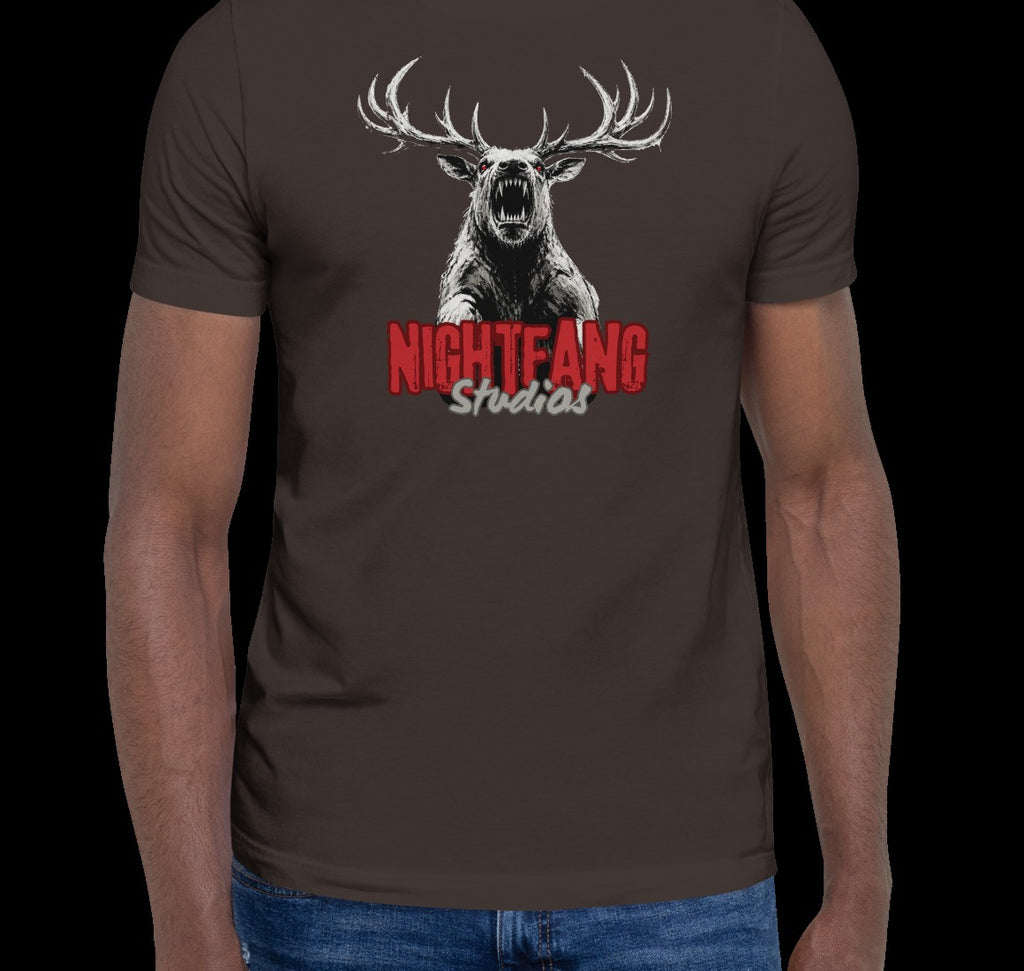 Nightfang Reindeer Unisex Tee, Brown, model wearing tee