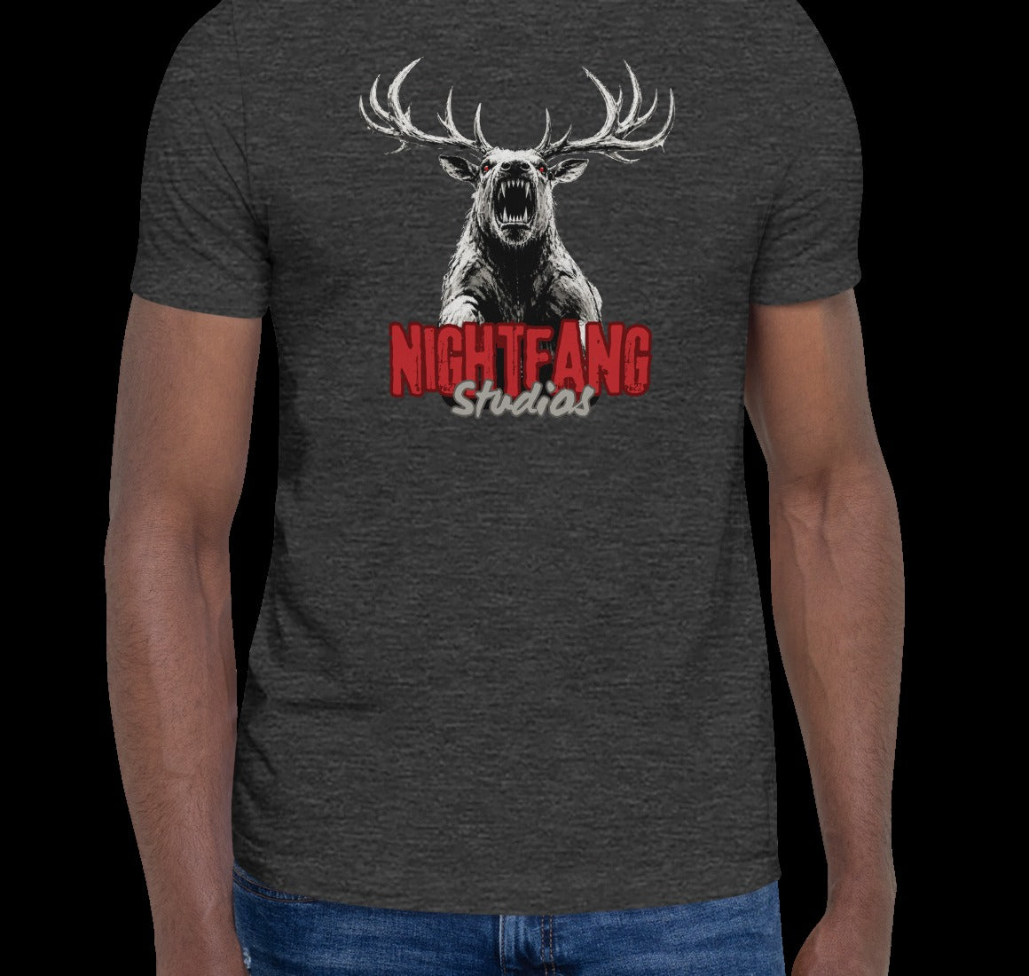 Nightfang Reindeer Unisex Tee, Dark Grey Heather, model wearing tee