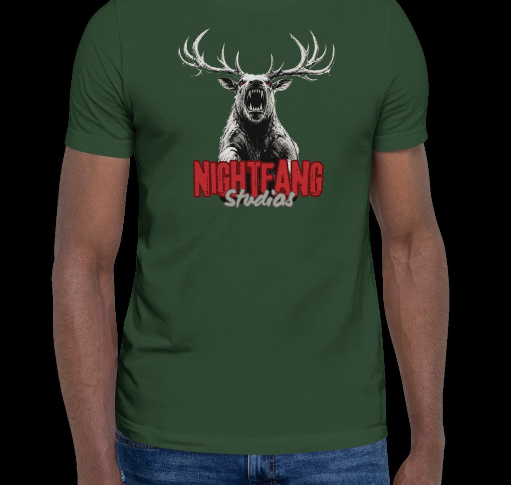 Nightfang Reindeer Unisex Tee, Forest, model wearing tee