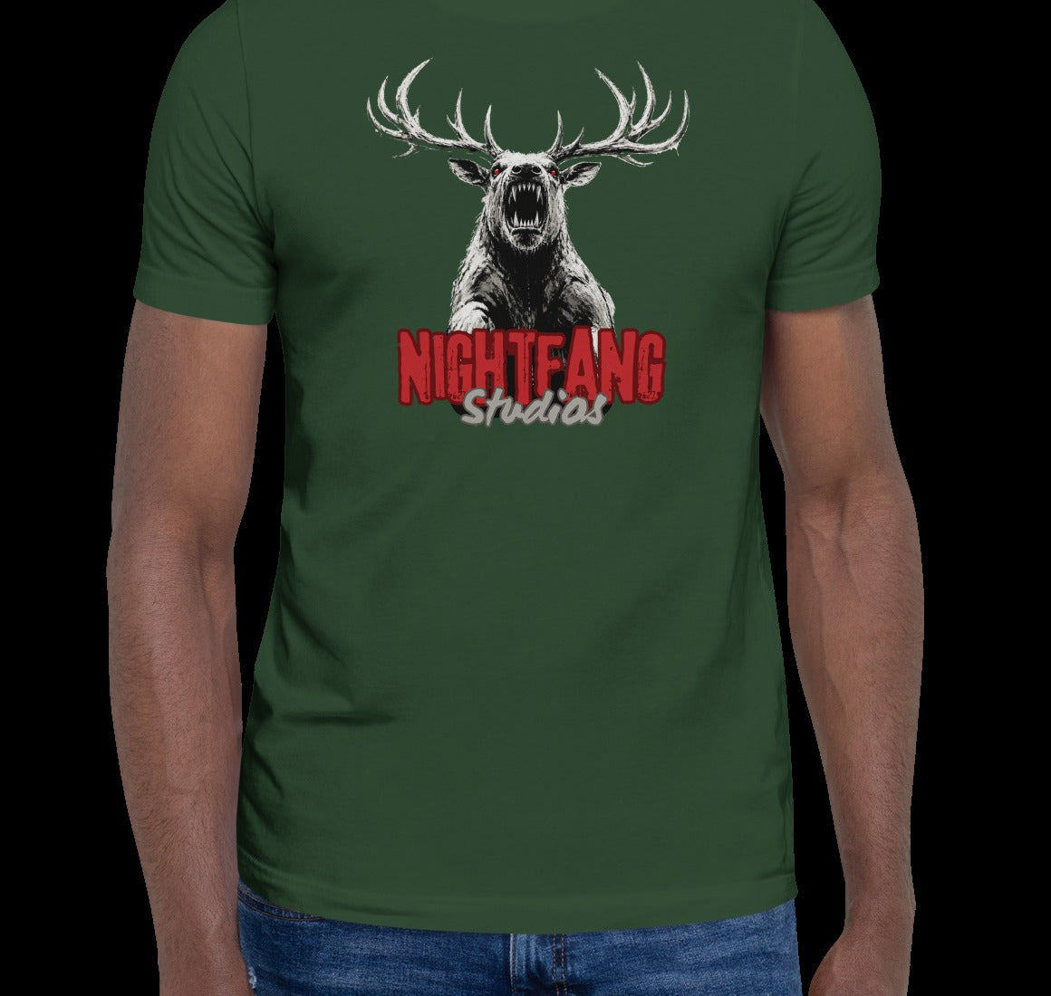 Nightfang Reindeer Unisex Tee, Forest, model wearing tee