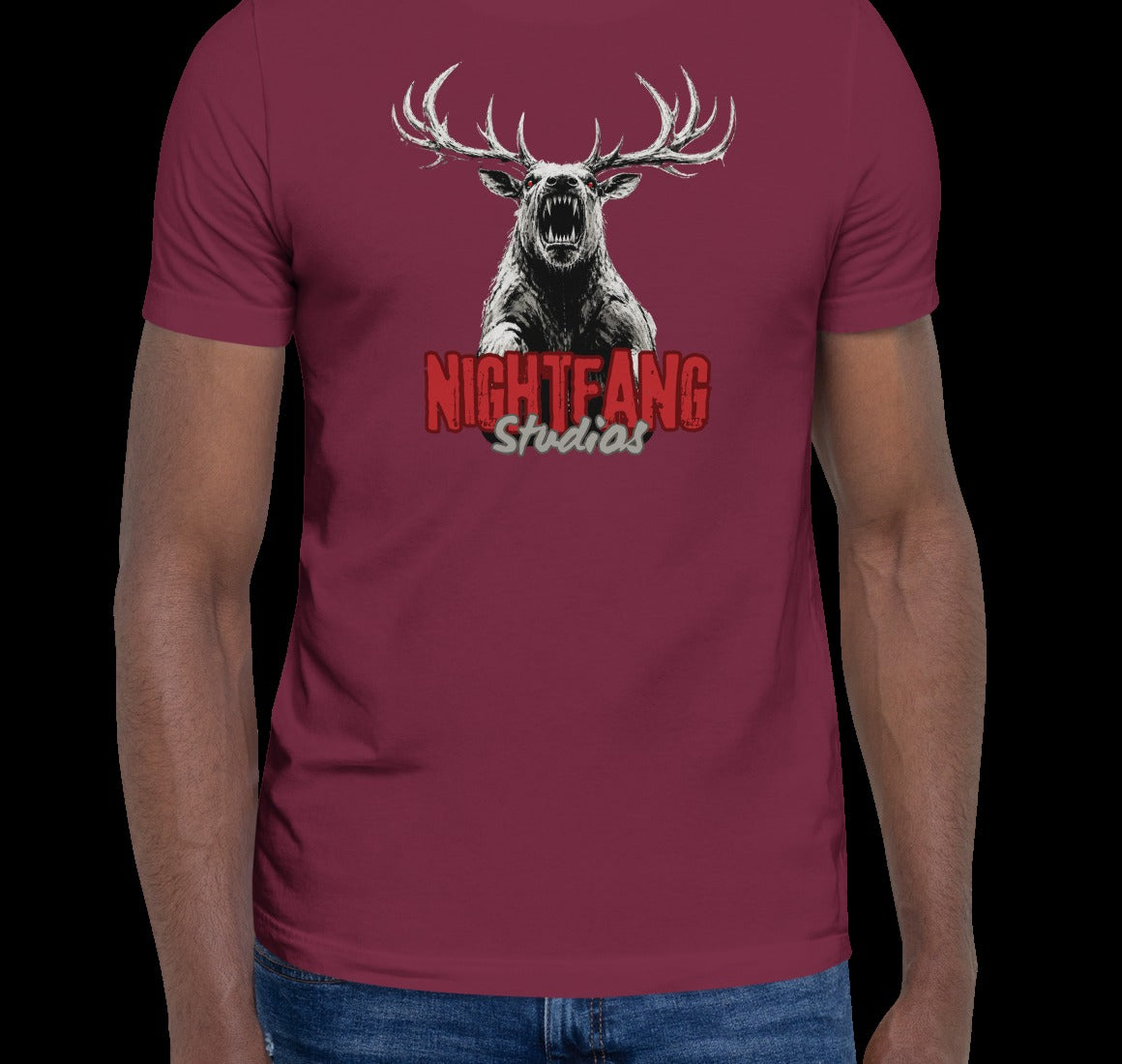 Nightfang Reindeer Unisex Tee, Maroon, model wearing tee