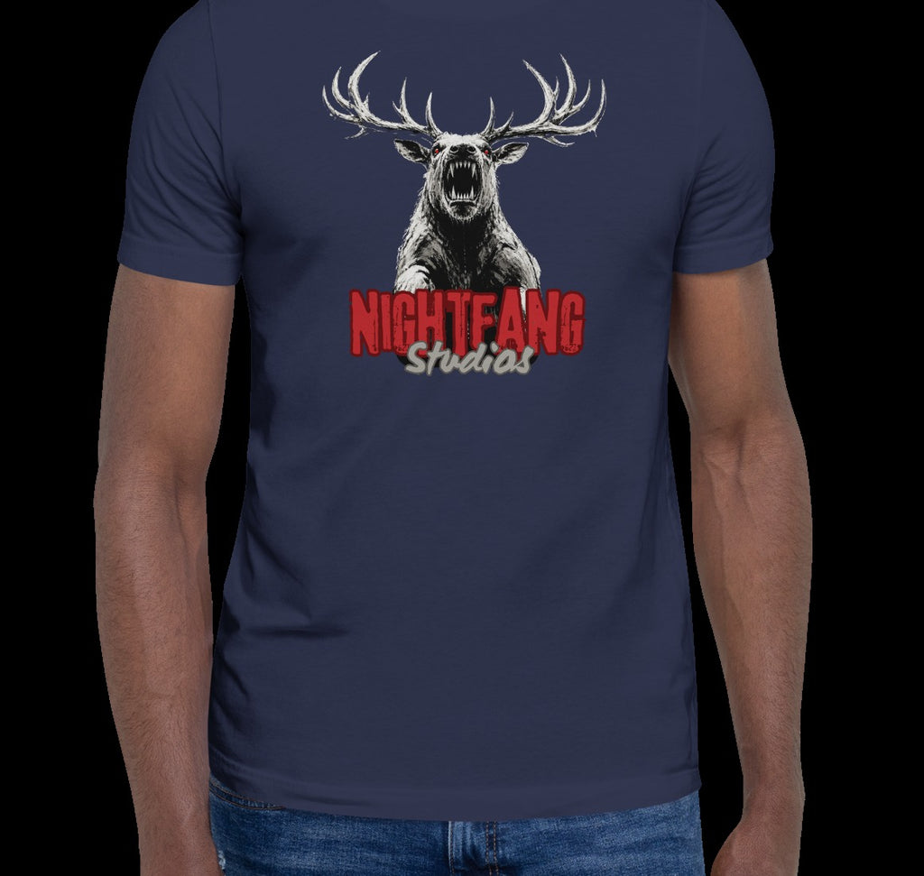 Nightfang Reindeer Unisex Tee, Navy, model wearing tee