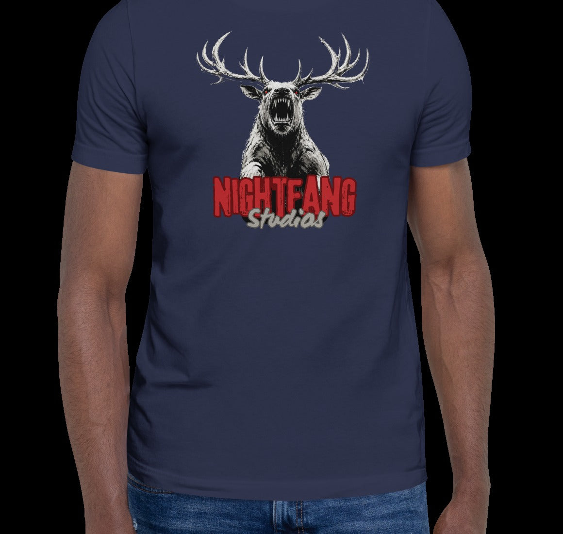 Nightfang Reindeer Unisex Tee, Navy, model wearing tee