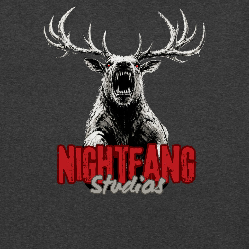 Nightfang Reindeer Unisex Long Sleeve Tee, Dark Grey Heather, close-up of reindeer graphic