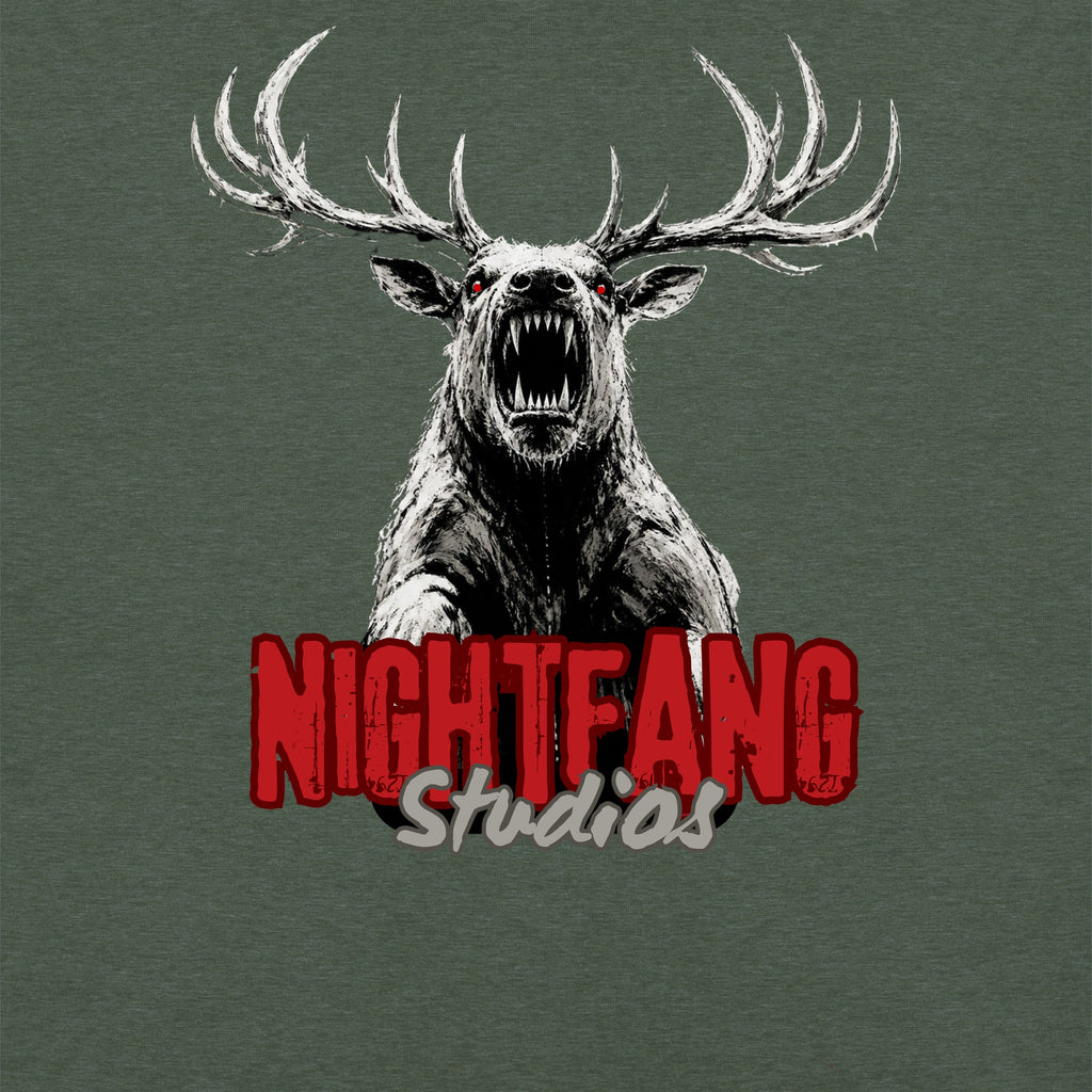 Nightfang Reindeer Unisex Long Sleeve Tee, Heather Forest, close-up of reindeer graphic