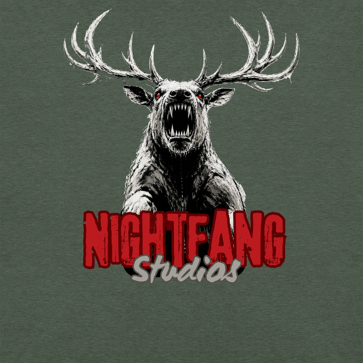 Nightfang Reindeer Unisex Long Sleeve Tee, Heather Forest, close-up of reindeer graphic