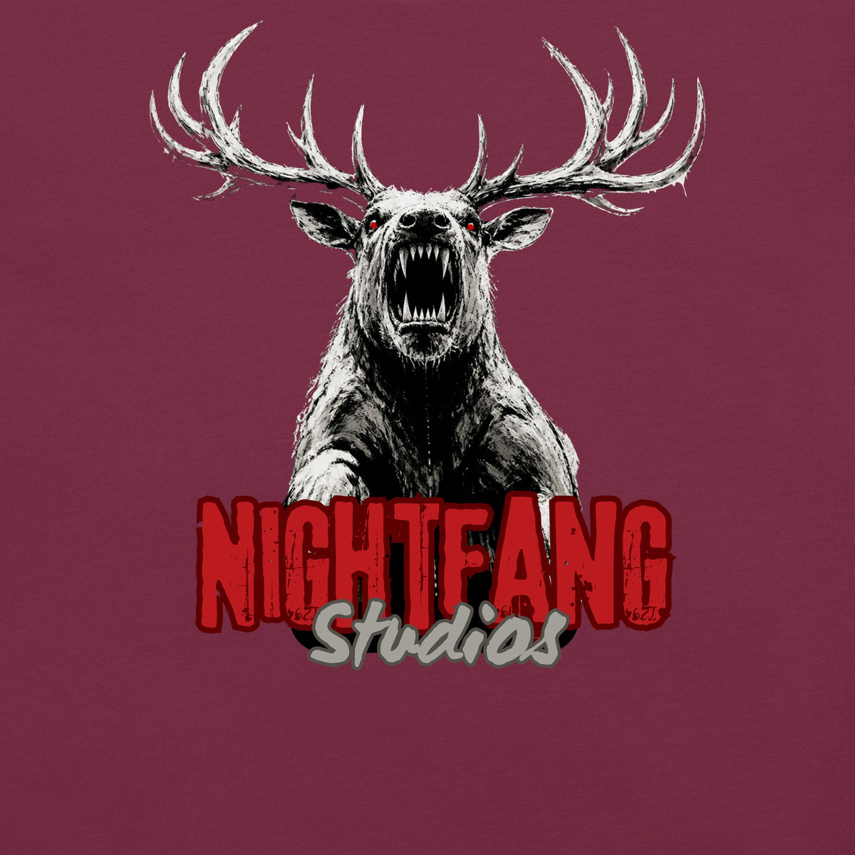 Nightfang Reindeer Unisex Long Sleeve Tee, Maroon, close-up of reindeer graphic