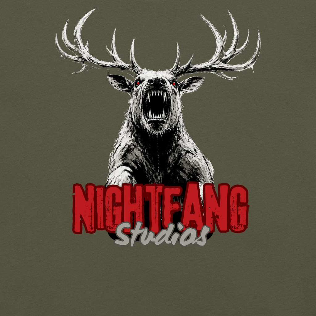 Nightfang Reindeer Unisex Long Sleeve Tee, Military Green, close-up of reindeer graphic