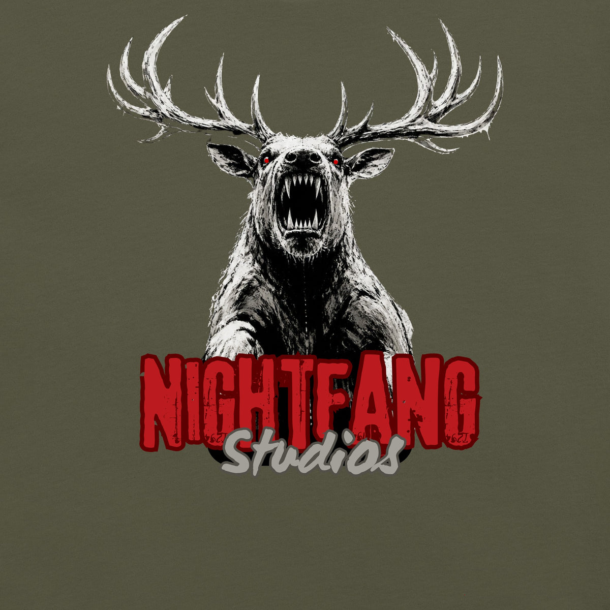 Nightfang Reindeer Unisex Long Sleeve Tee, Military Green, close-up of reindeer graphic