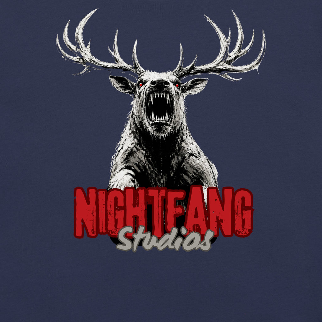 Nightfang Reindeer Unisex Long Sleeve Tee, Navy, close-up of reindeer graphic