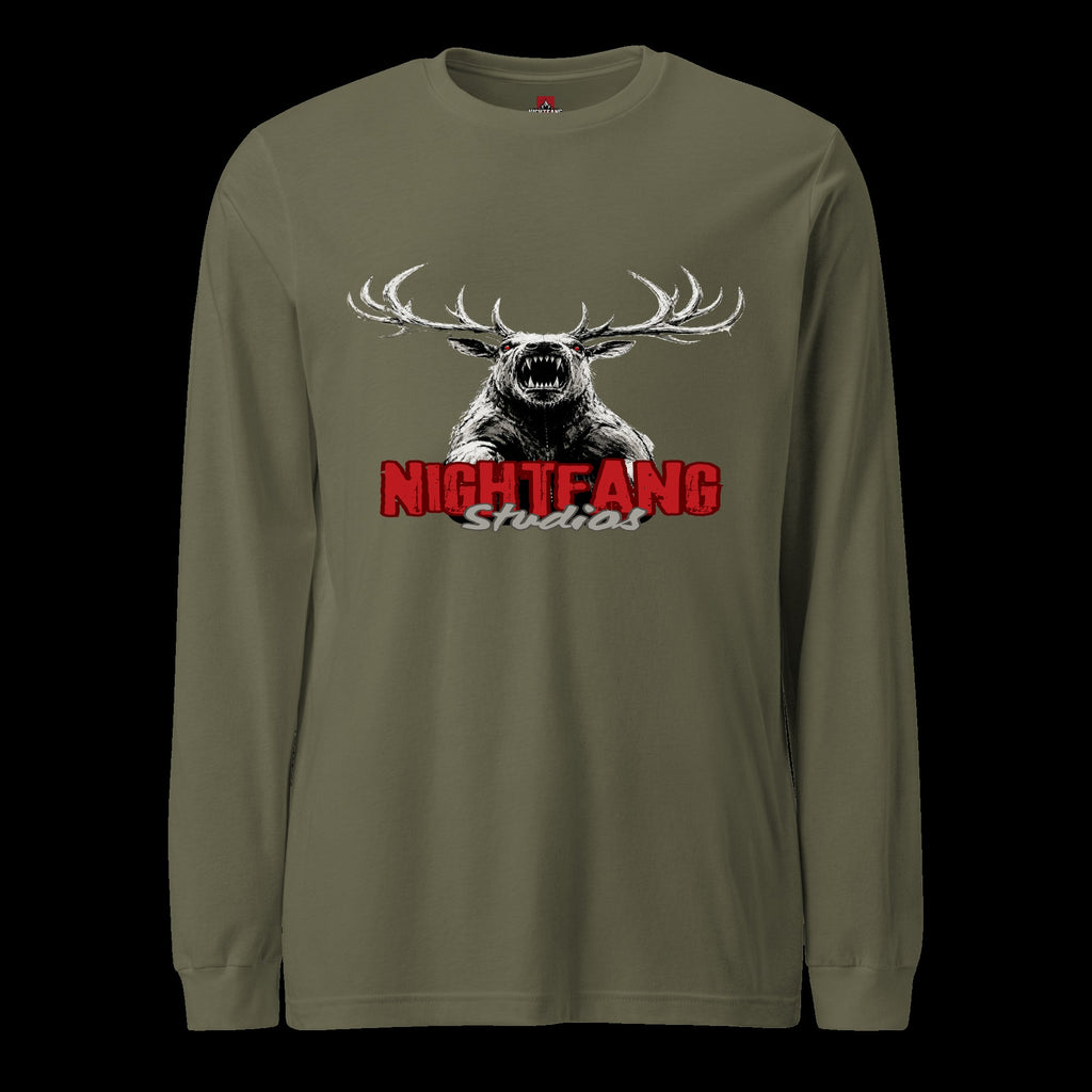 Nightfang Reindeer Unisex Long Sleeve Tee, Military Green, flat front
