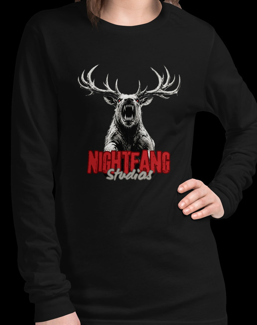 Nightfang Reindeer Unisex Long Sleeve Tee, Black, model wearing long sleeve tee