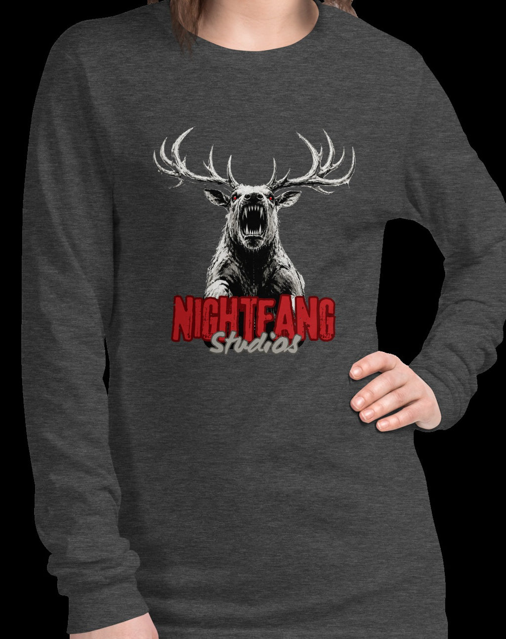 Nightfang Reindeer Unisex Long Sleeve Tee, Dark Grey Heather, model wearing long sleeve tee