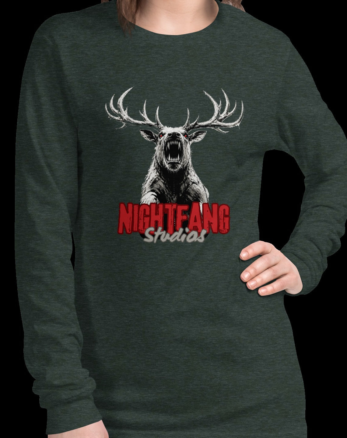 Nightfang Reindeer Unisex Long Sleeve Tee, Heather Forest, model wearing long sleeve tee