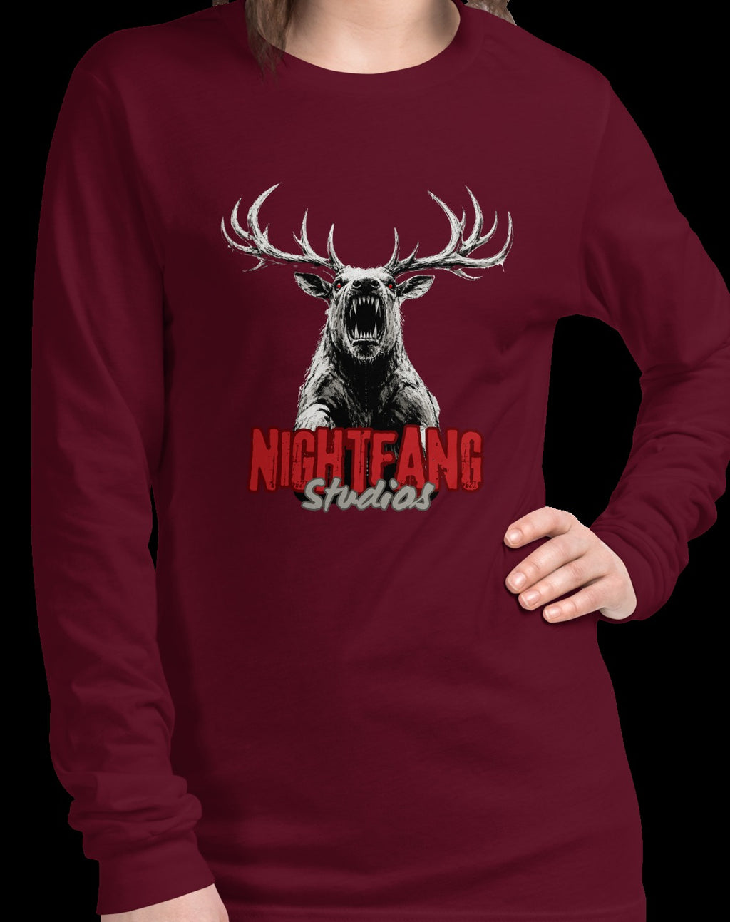 Nightfang Reindeer Unisex Long Sleeve Tee, Maroon, model wearing long sleeve tee