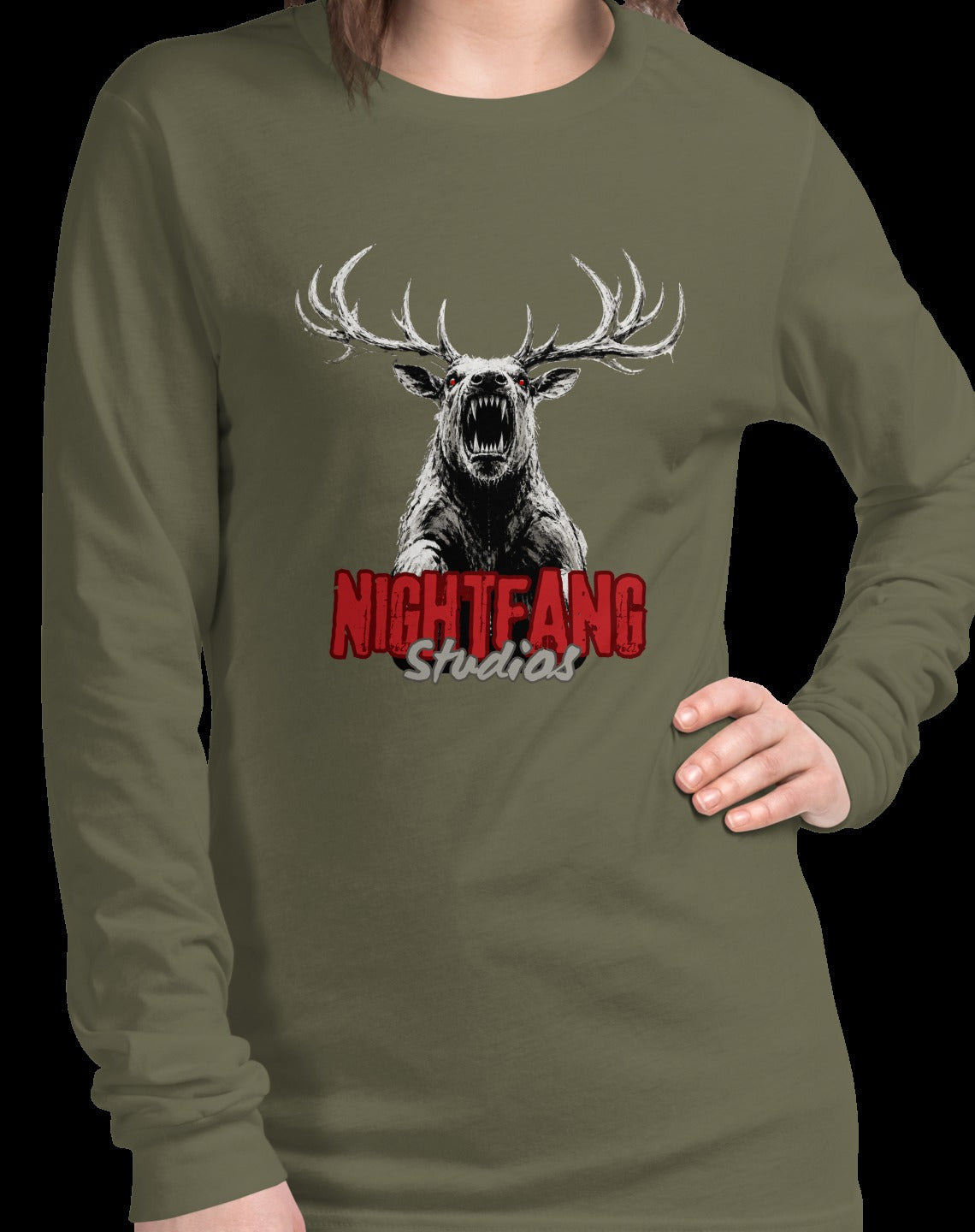 Nightfang Reindeer Unisex Long Sleeve Tee, Military Green, model wearing long sleeve tee