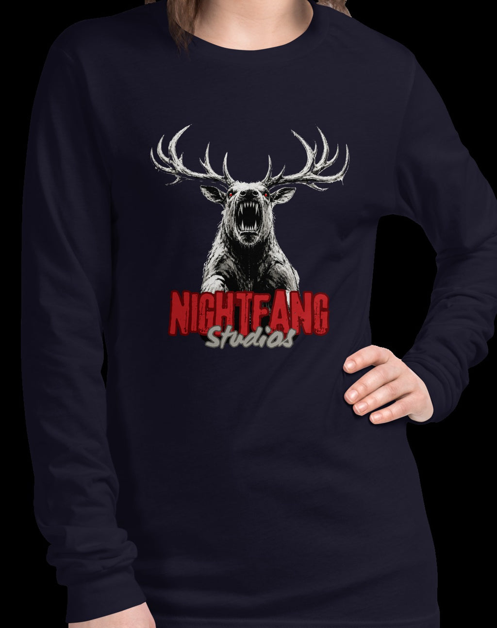Nightfang Reindeer Unisex Long Sleeve Tee, Navy, model wearing long sleeve tee