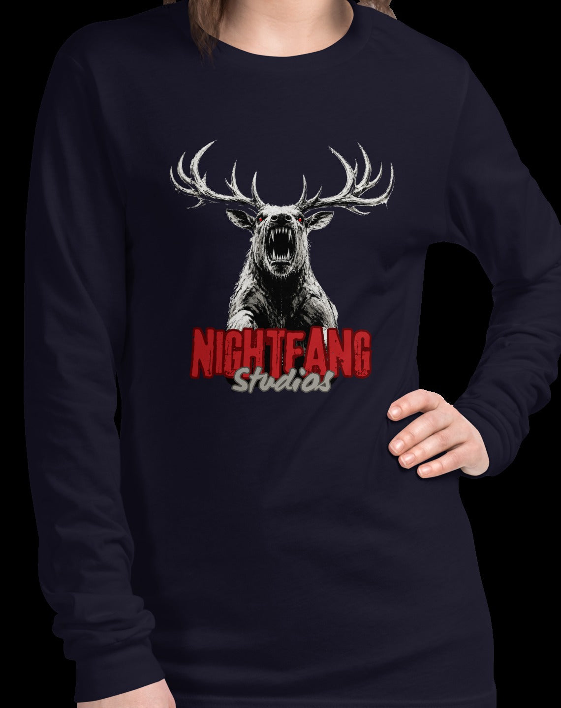 Nightfang Reindeer Unisex Long Sleeve Tee, Navy, model wearing long sleeve tee
