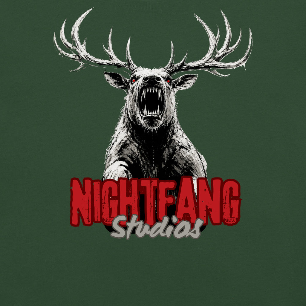 Nightfang Reindeer Women's Tee, Forest Green, close-up