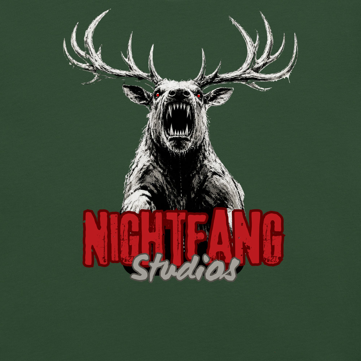 Nightfang Reindeer Women's Tee, Forest Green, close-up