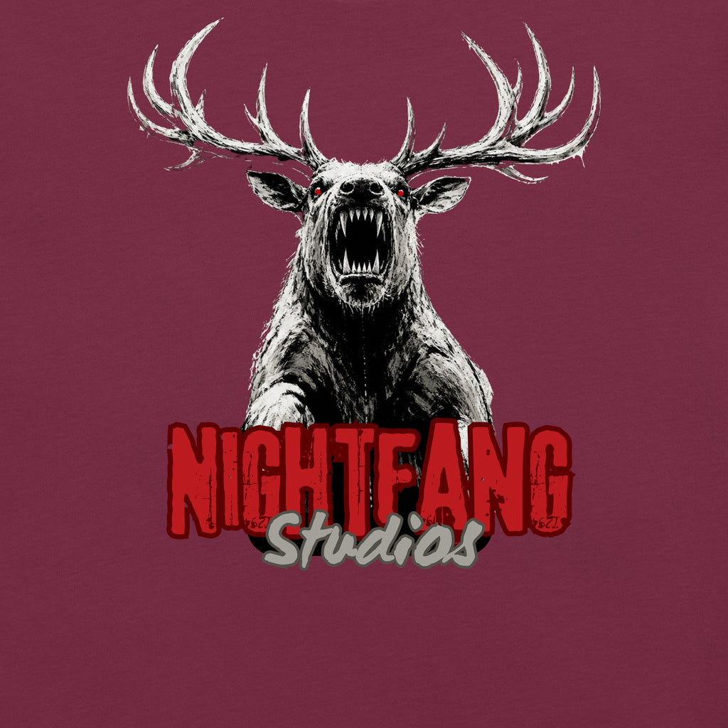 Nightfang Reindeer Women's Tee, Maroon, close-up