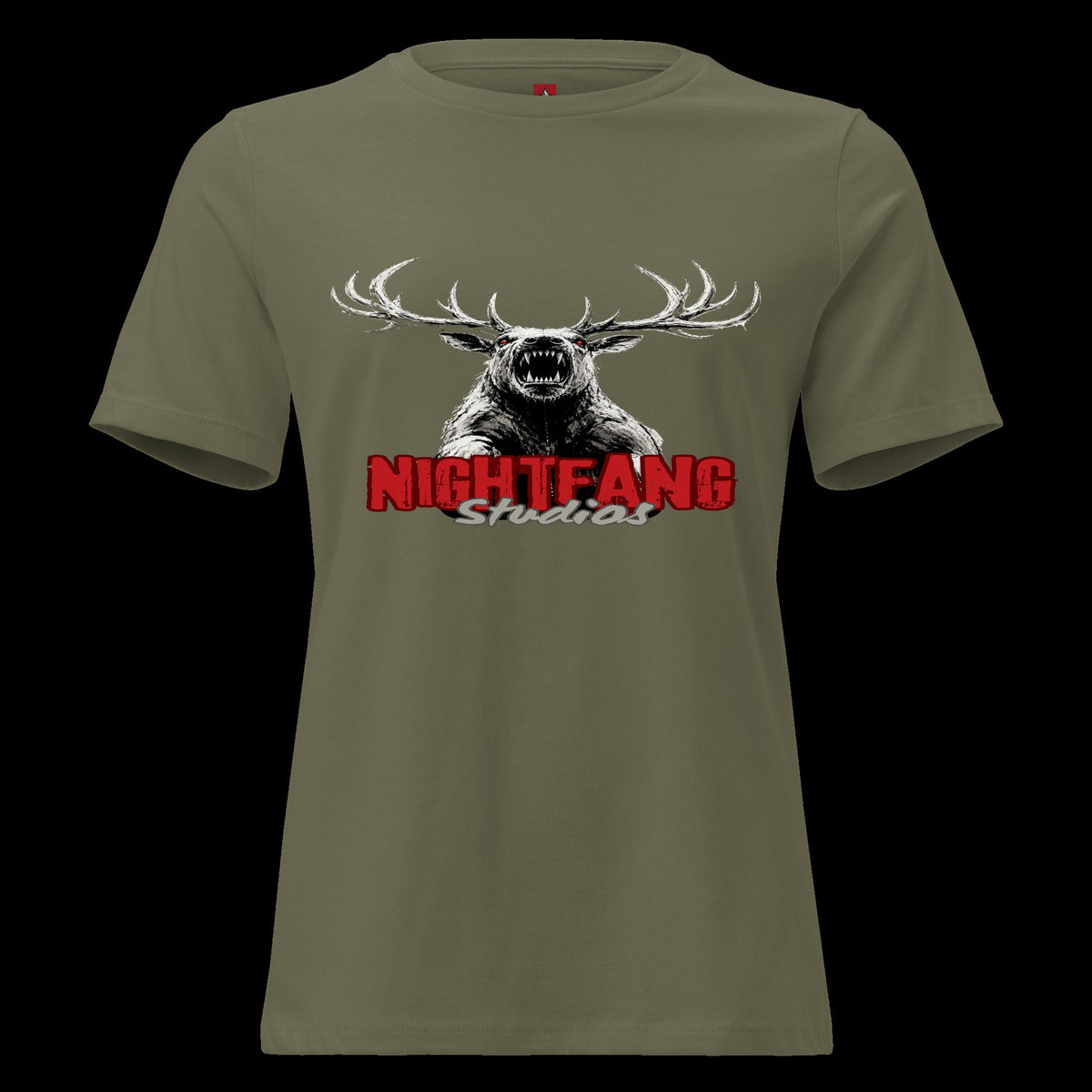 Nightfang Reindeer Women's Tee, Military Green, flat front