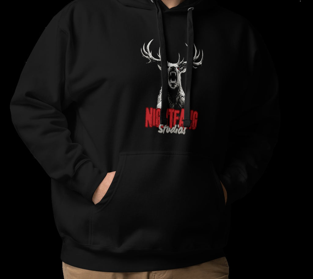 Nightfang Reindeer Unisex Hoodie, Black, model wearing hoodie