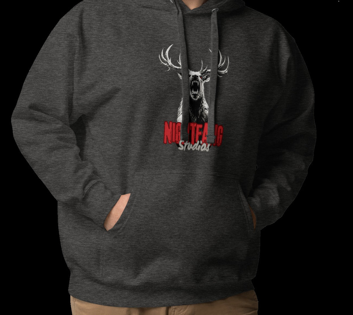 Nightfang Reindeer Unisex Hoodie, Charcoal Heather, model wearing hoodie