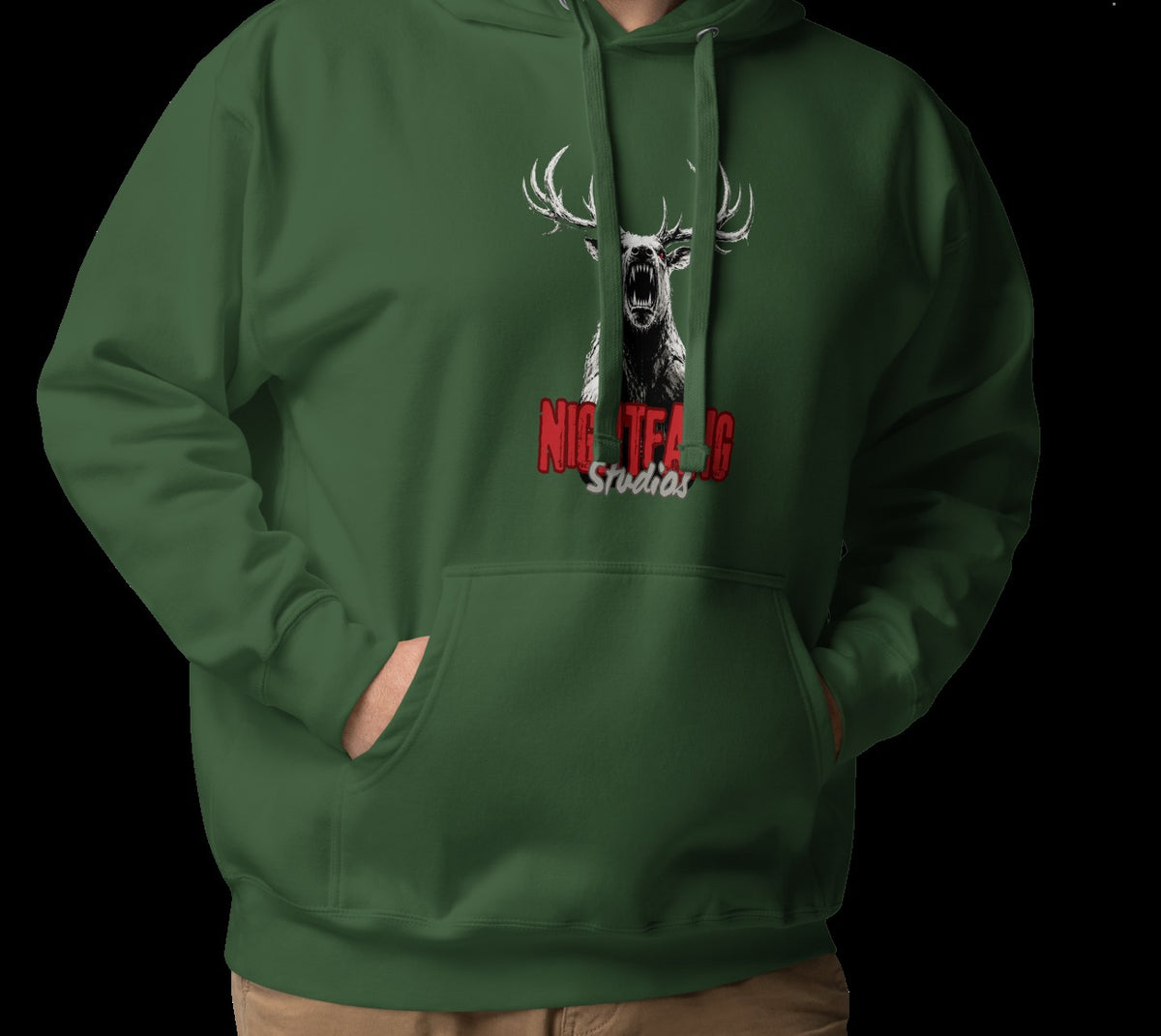 Nightfang Reindeer Unisex Hoodie, Forest Green, model wearing hoodie