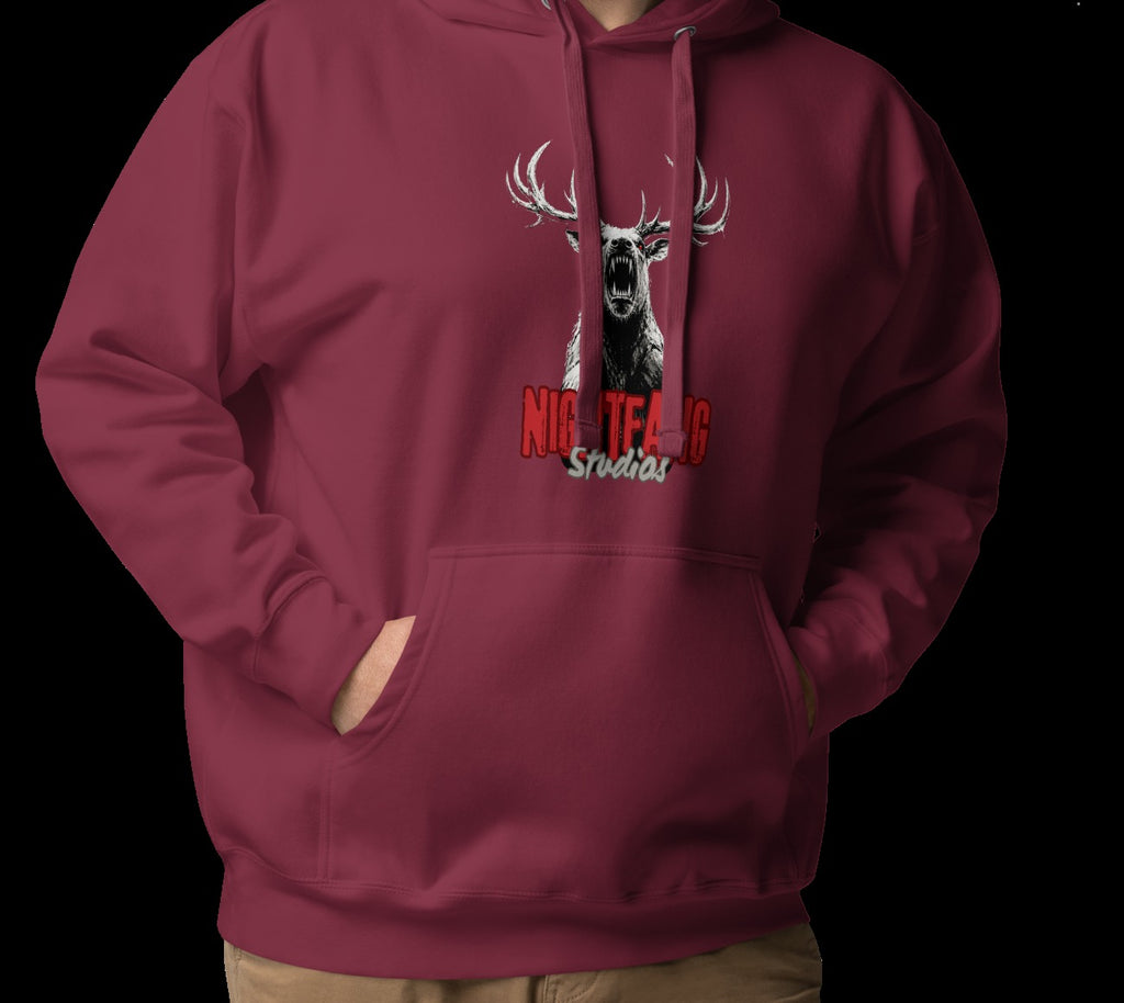 Nightfang Reindeer Unisex Hoodie, Maroon, model wearing hoodie