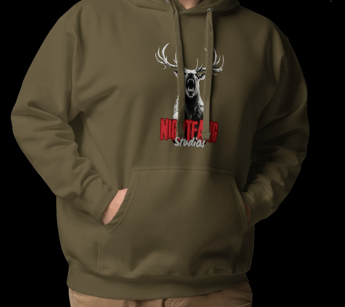 Nightfang Reindeer Unisex Hoodie, Military Green, model wearing hoodie