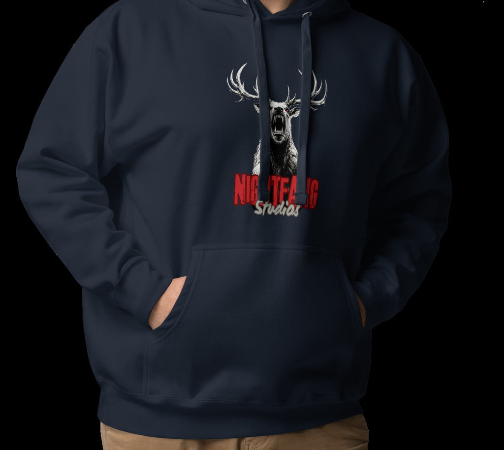 Nightfang Reindeer Unisex Hoodie, Navy Blazer, model wearing hoodie
