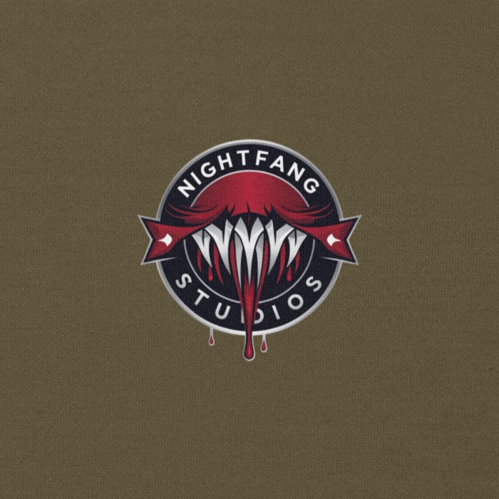 Nightfang Reindeer Front & Back Signature Unisex Hoodie, Military Green, pocket logo close-up