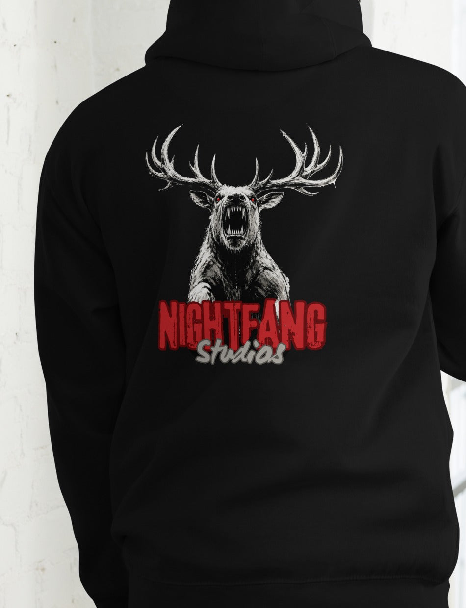 Nightfang Reindeer Front & Back Signature Unisex Hoodie, Black, model wearing hoodie (back)