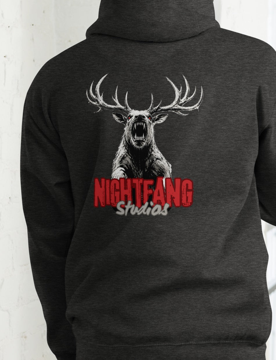 Nightfang Reindeer Front & Back Signature Unisex Hoodie, Charcoal Heather, model wearing hoodie (back)