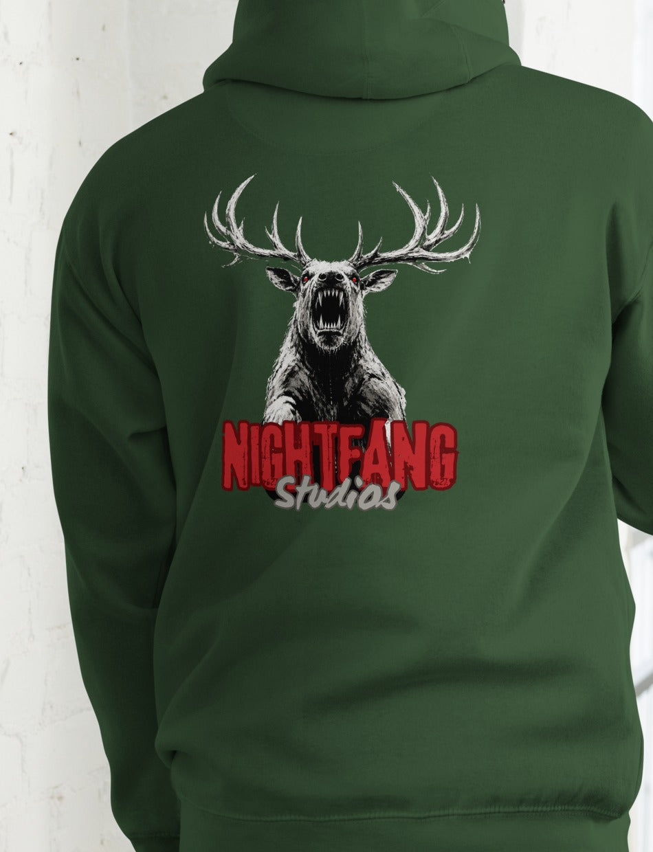 Nightfang Reindeer Front & Back Signature Unisex Hoodie, Forest Green, model wearing hoodie (back)