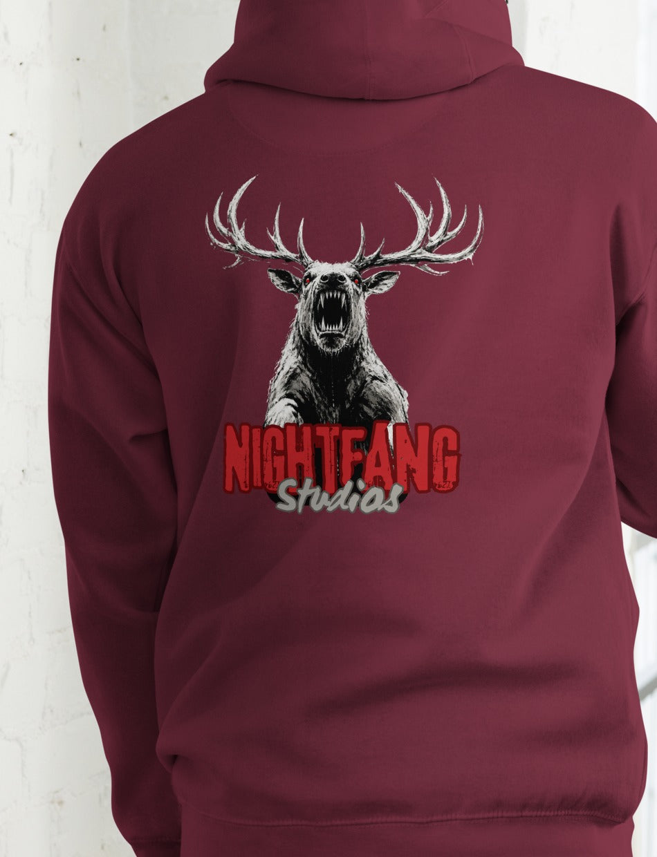 Nightfang Reindeer Front & Back Signature Unisex Hoodie, Maroon, model wearing hoodie (back)