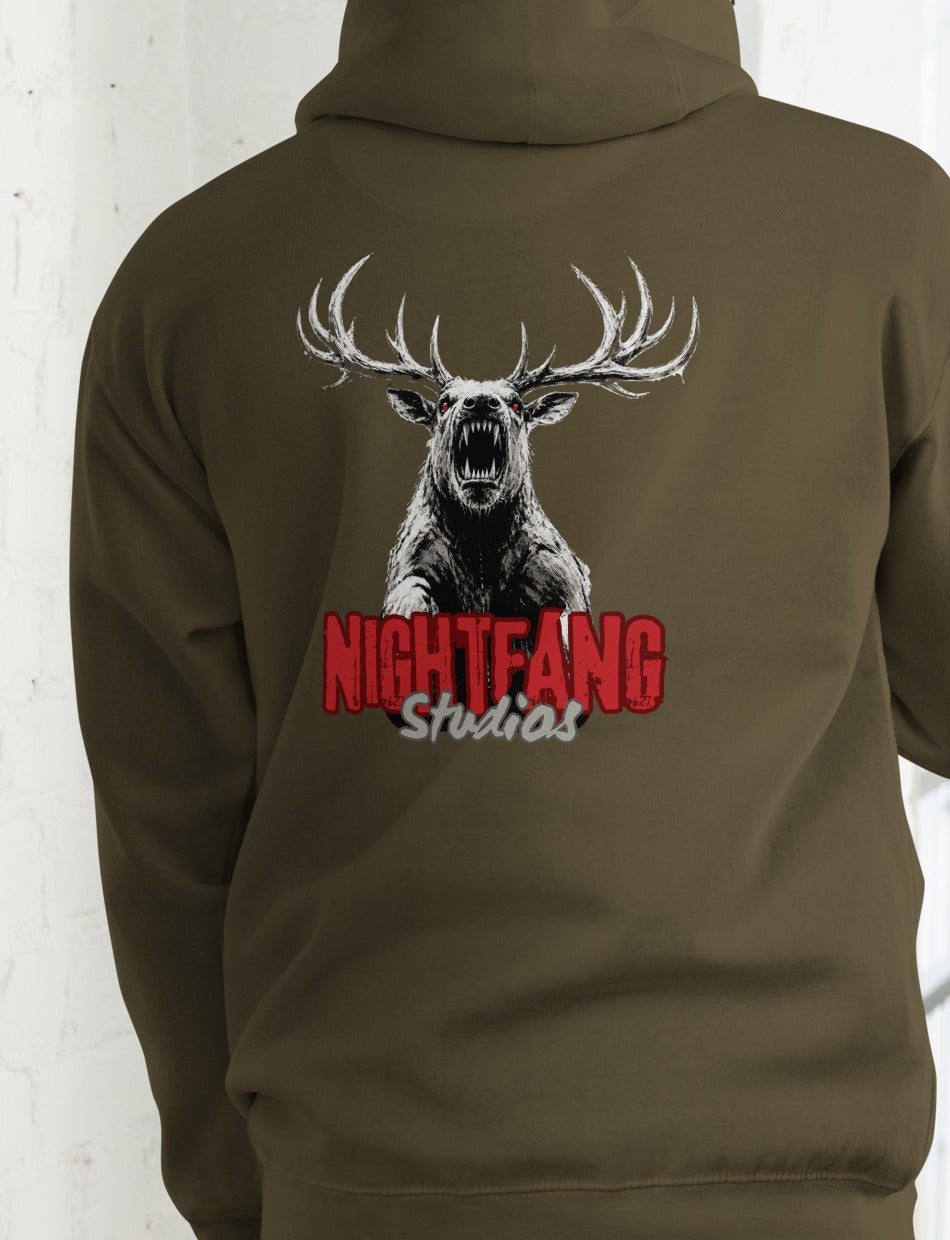 Nightfang Reindeer Front & Back Signature Unisex Hoodie, Military Green, model wearing hoodie (back)