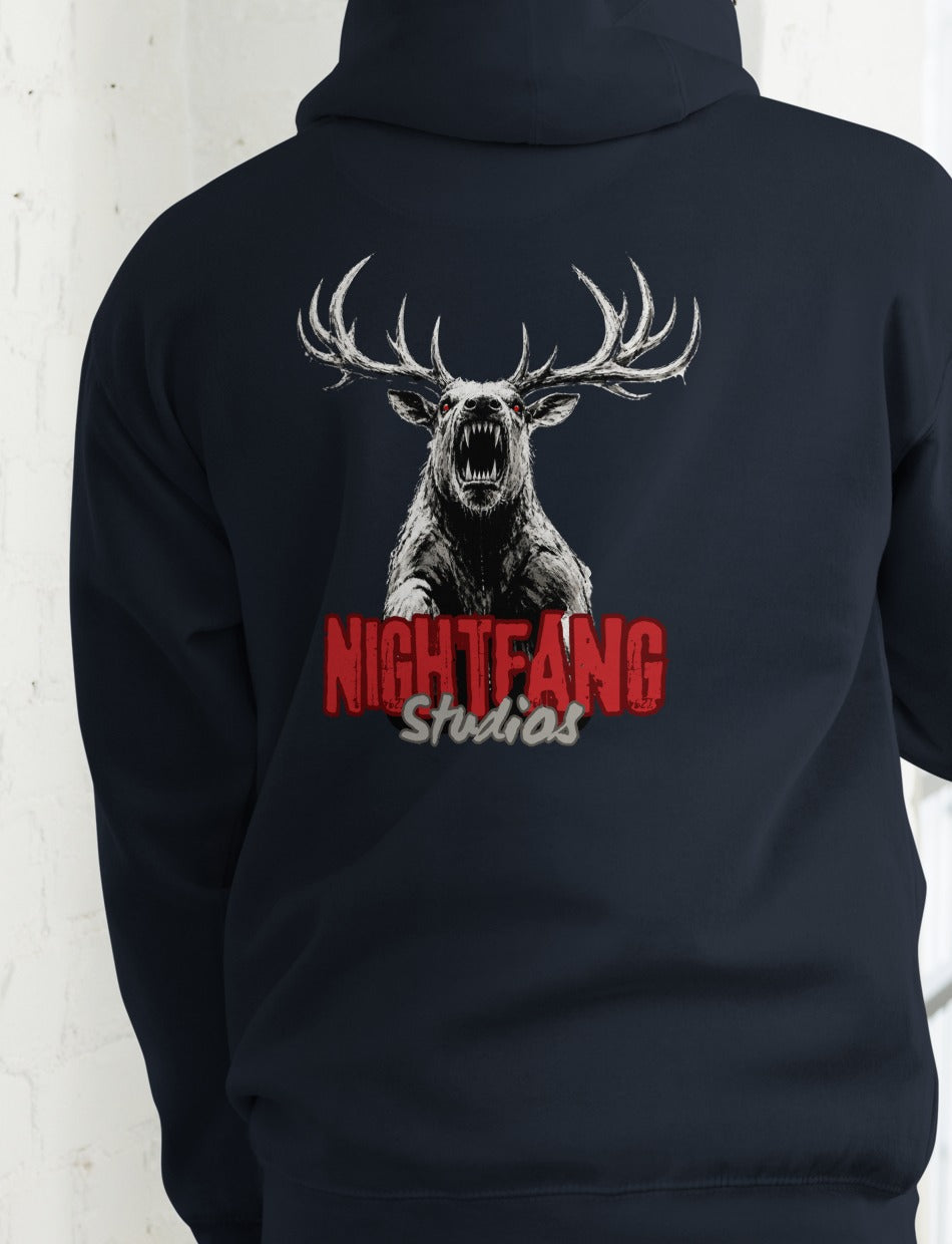 Nightfang Reindeer Front & Back Signature Unisex Hoodie, Navy Blazer, model wearing hoodie (back)