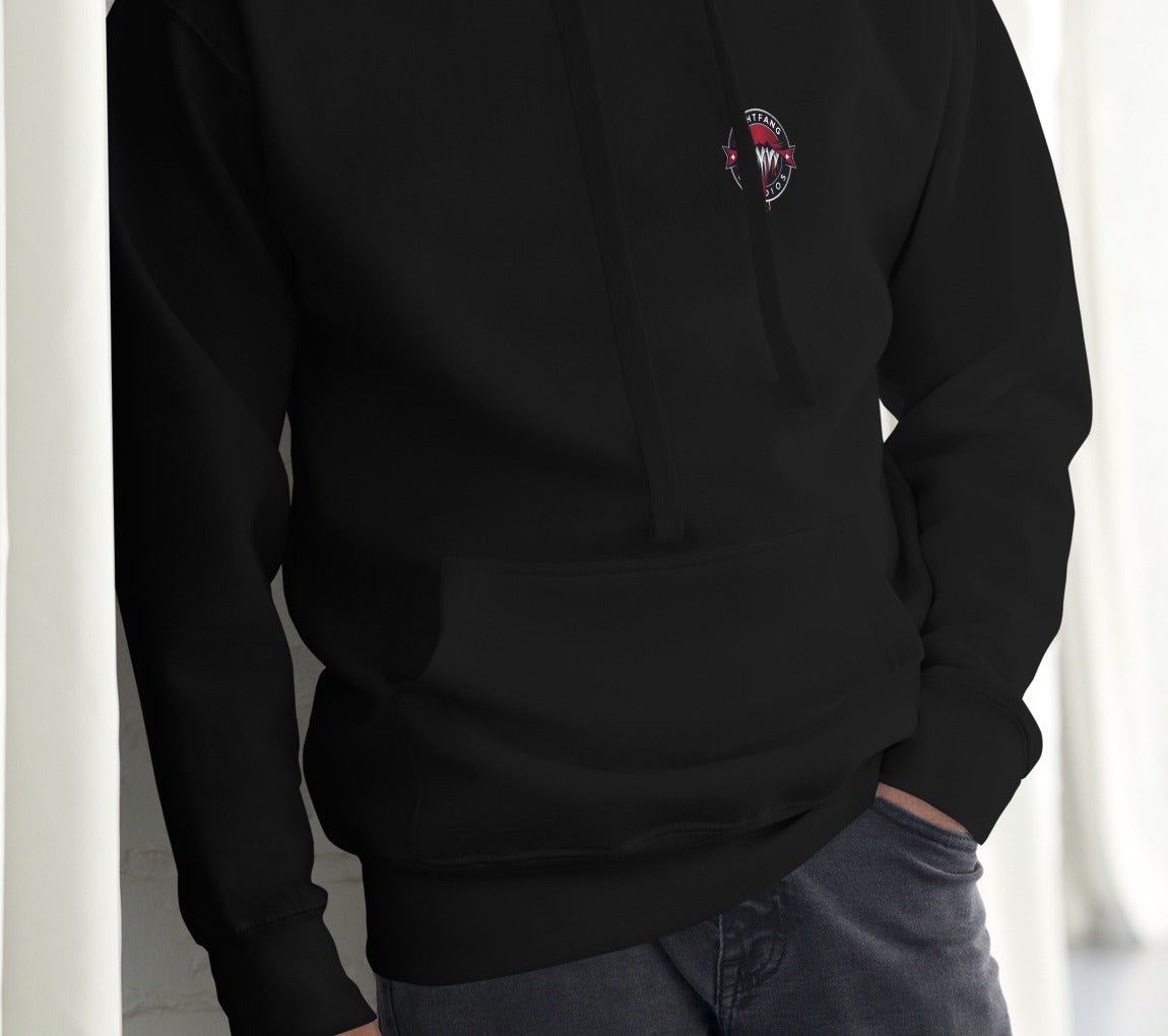 Nightfang Reindeer Front & Back Signature Unisex Hoodie, Black, model wearing hoodie (front)