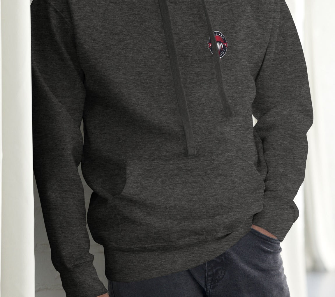 Nightfang Reindeer Front & Back Signature Unisex Hoodie, Charcoal Heather, model wearing hoodie (front)