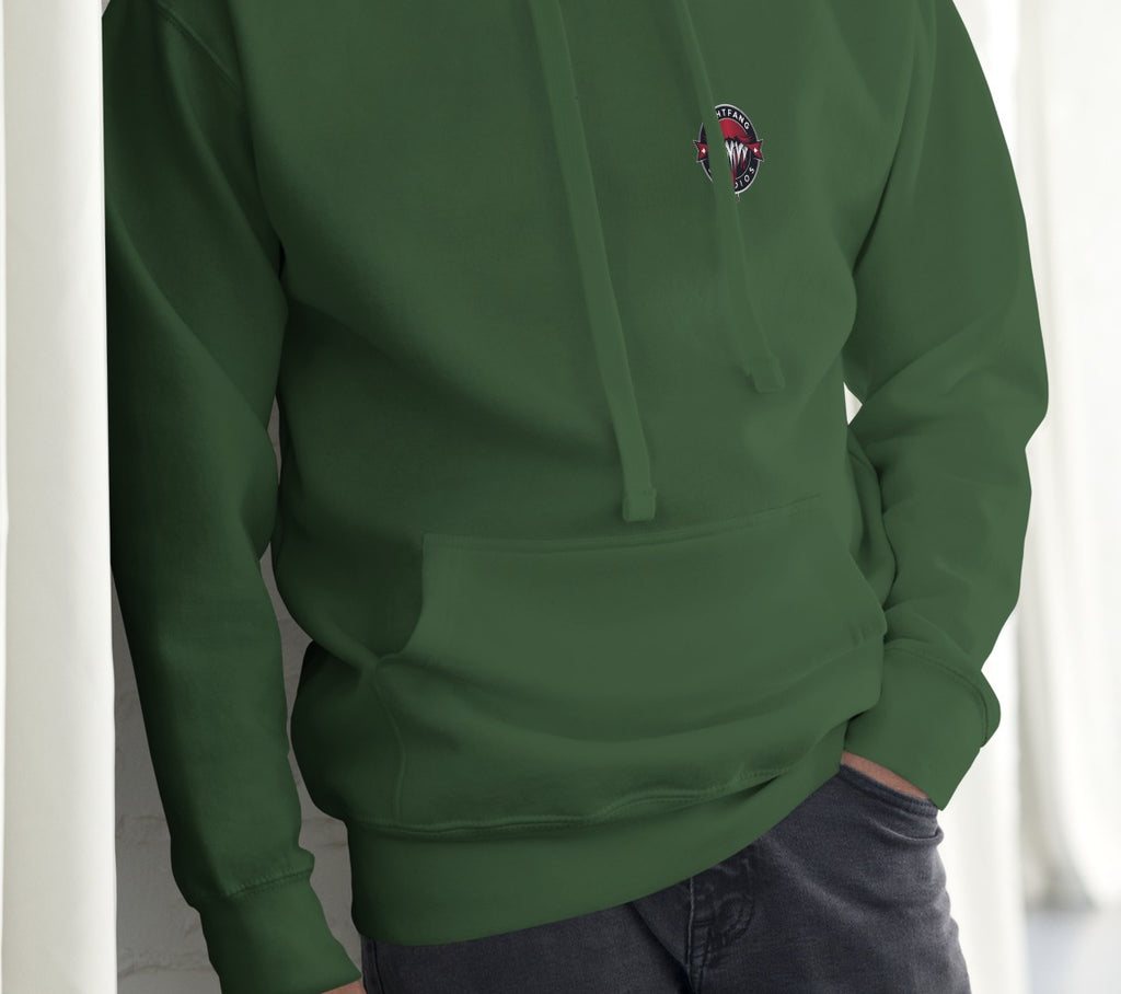 Nightfang Reindeer Front & Back Signature Unisex Hoodie, Forest Green, model wearing hoodie (front)