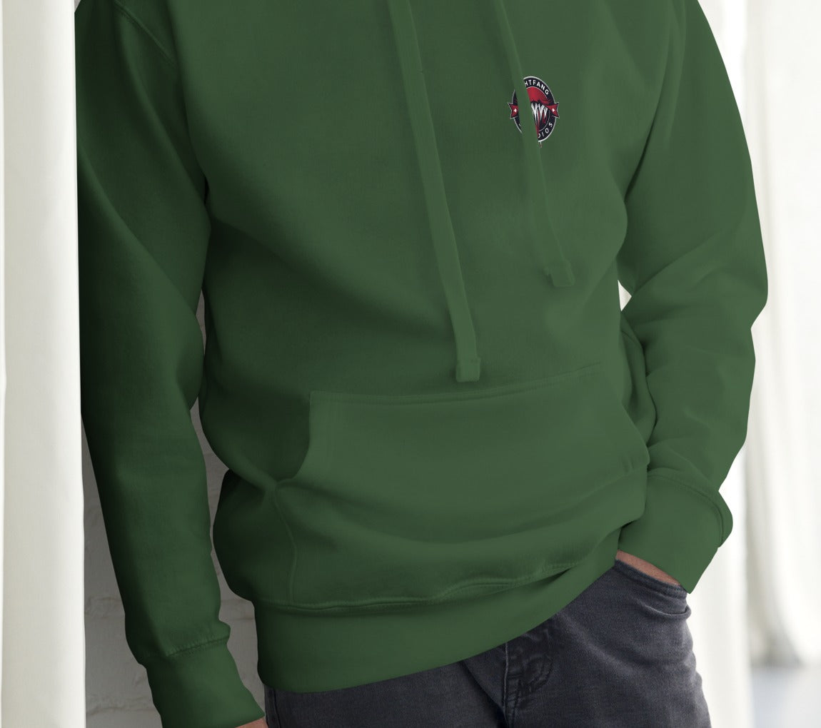 Nightfang Reindeer Front & Back Signature Unisex Hoodie, Forest Green, model wearing hoodie (front)
