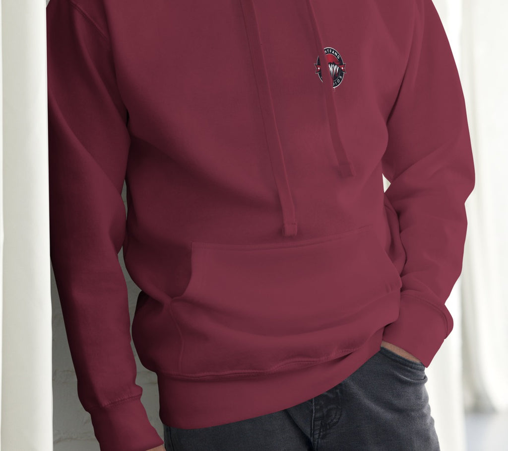 Nightfang Reindeer Front & Back Signature Unisex Hoodie, Maroon, model wearing hoodie (front)