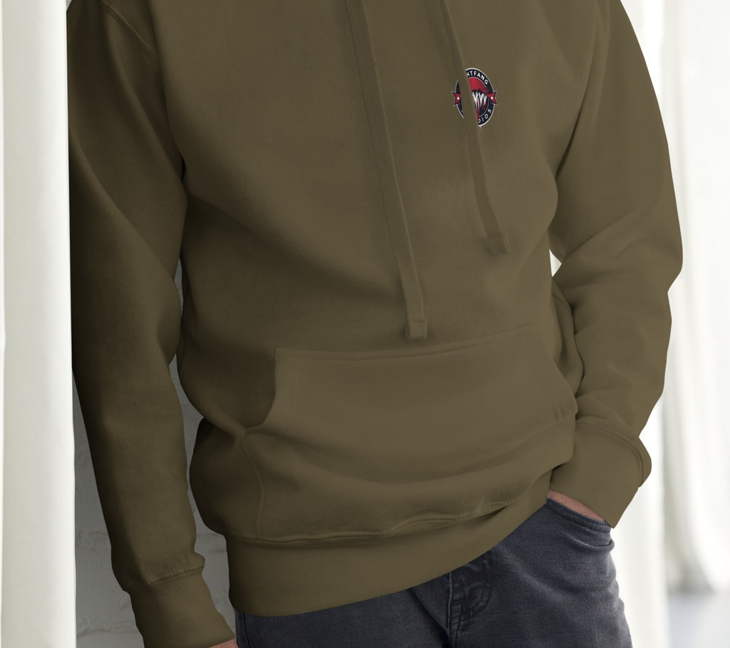 Nightfang Reindeer Front & Back Signature Unisex Hoodie, Military Green, model wearing hoodie (front)