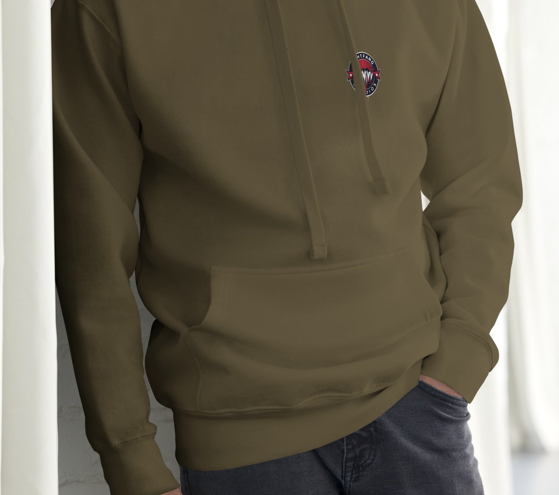 Nightfang Reindeer Front & Back Signature Unisex Hoodie, Military Green, model wearing hoodie (front)