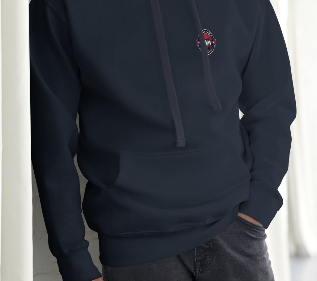 Nightfang Reindeer Front & Back Signature Unisex Hoodie, Navy Blazer, model wearing hoodie (front)