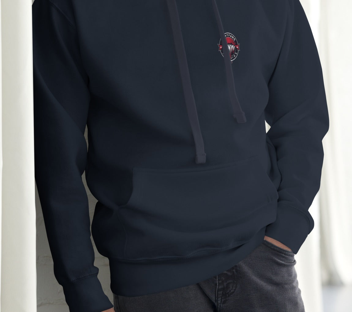 Nightfang Reindeer Front & Back Signature Unisex Hoodie, Navy Blazer, model wearing hoodie (front)